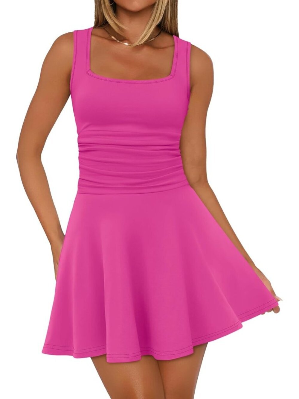 〽️Women's Hot Pink Square Neck Ruched Waist Fit Flare Pleated Pull On Mini Dress